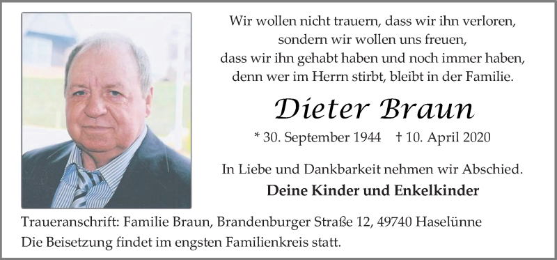  Traueranzeige für Dieter Braun vom 14.04.2020 aus Neue Osnabrücker Zeitung GmbH & Co. KG