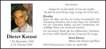 Traueranzeige von Dieter Katzur von Neue Osnabrücker Zeitung GmbH & Co. KG