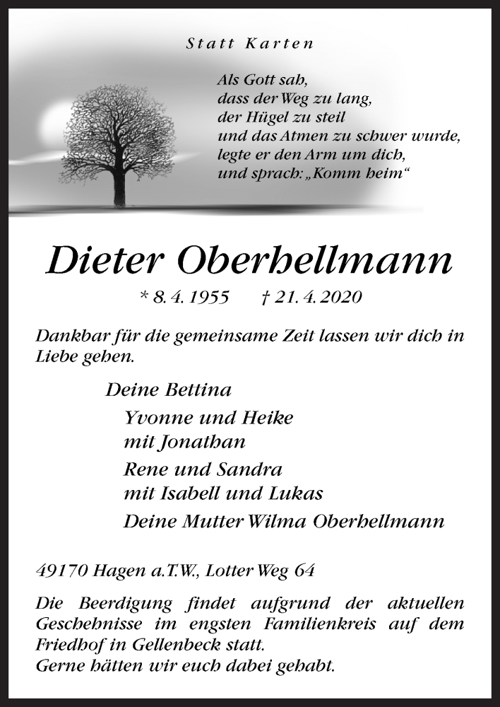  Traueranzeige für Dieter Oberhellmann vom 25.04.2020 aus Neue Osnabrücker Zeitung GmbH & Co. KG