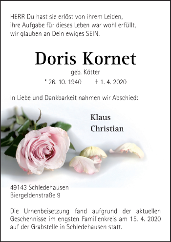 Traueranzeige von Doris Kornet von Neue Osnabrücker Zeitung GmbH & Co. KG