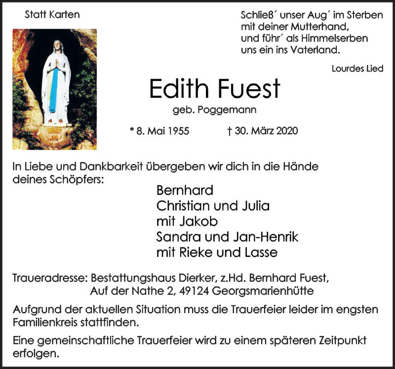  Traueranzeige für Edith Fuest vom 04.04.2020 aus Neue Osnabrücker Zeitung GmbH & Co. KG