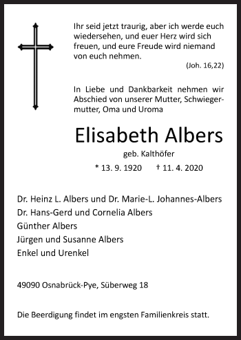 Traueranzeige von Elisabeth Albers von Neue Osnabrücker Zeitung GmbH & Co. KG