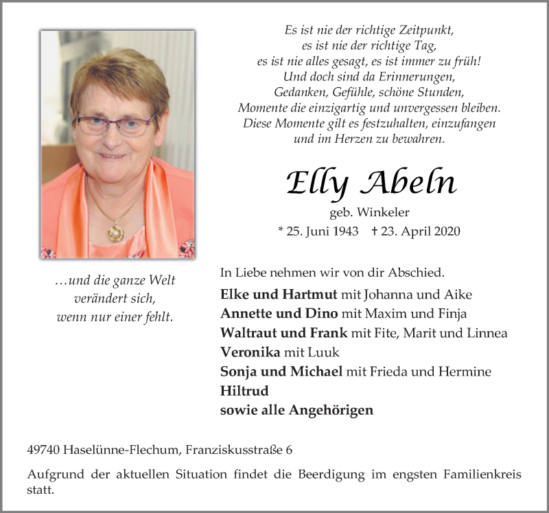  Traueranzeige für Elly Abeln vom 25.04.2020 aus Neue Osnabrücker Zeitung GmbH & Co. KG