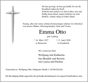 Traueranzeige von Emma Otto von Neue Osnabrücker Zeitung GmbH & Co. KG