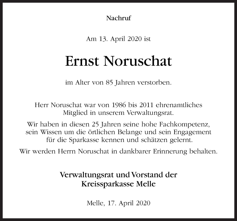  Traueranzeige für Ernst Noruschat vom 17.04.2020 aus Neue Osnabrücker Zeitung GmbH & Co. KG