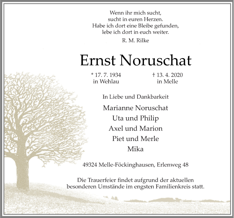  Traueranzeige für Ernst Noruschat vom 16.04.2020 aus Neue Osnabrücker Zeitung GmbH & Co. KG