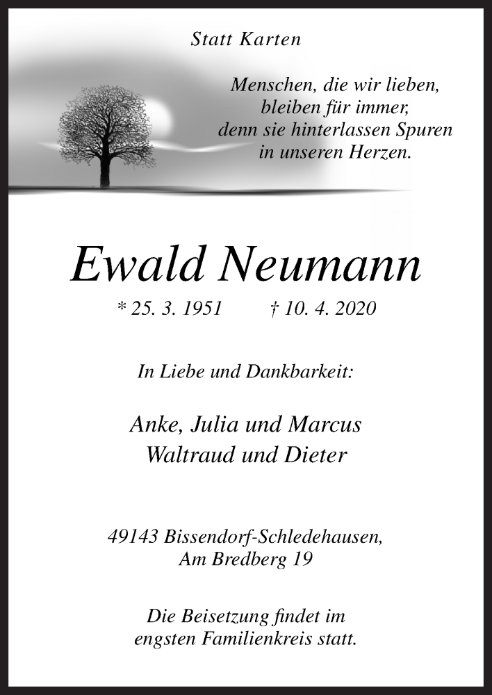  Traueranzeige für Ewald Neumann vom 15.04.2020 aus Neue Osnabrücker Zeitung GmbH & Co. KG