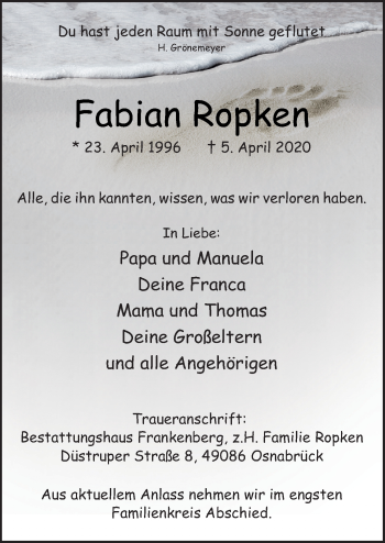 Traueranzeige von Fabian Ropken von Neue Osnabrücker Zeitung GmbH & Co. KG