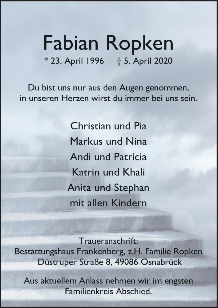  Traueranzeige für Fabian Ropken vom 11.04.2020 aus Neue Osnabrücker Zeitung GmbH & Co. KG
