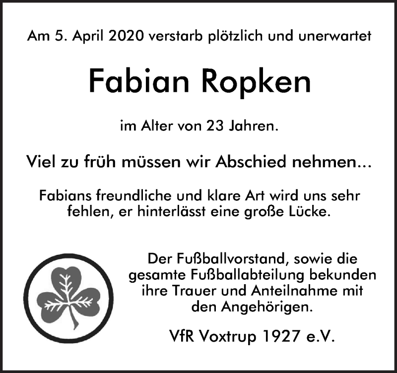  Traueranzeige für Fabian Ropken vom 11.04.2020 aus Neue Osnabrücker Zeitung GmbH & Co. KG