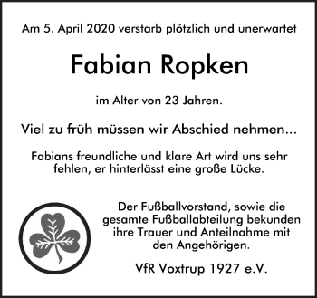 Traueranzeige von Fabian Ropken von Neue Osnabrücker Zeitung GmbH & Co. KG