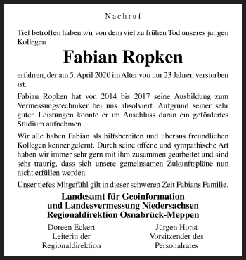 Traueranzeige von Fabian Ropken von Neue Osnabrücker Zeitung GmbH & Co. KG