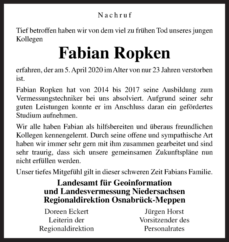  Traueranzeige für Fabian Ropken vom 15.04.2020 aus Neue Osnabrücker Zeitung GmbH & Co. KG