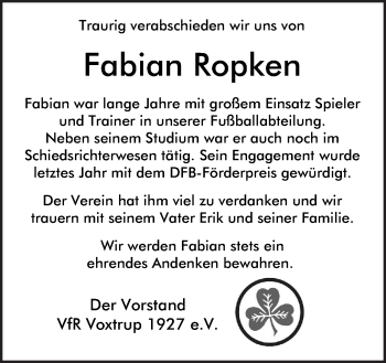 Traueranzeige von Fabian Ropken von Neue Osnabrücker Zeitung GmbH & Co. KG