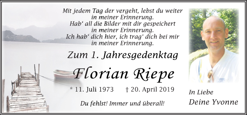  Traueranzeige für Florian Riepe vom 18.04.2020 aus Neue Osnabrücker Zeitung GmbH & Co. KG