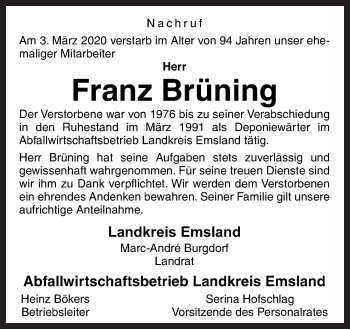 Traueranzeige von Franz Brüning von Neue Osnabrücker Zeitung GmbH & Co. KG