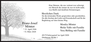 Traueranzeige von Franz-Josef Mönter von Neue Osnabrücker Zeitung GmbH & Co. KG