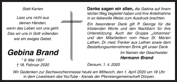 Traueranzeige von Gebina Brand von Neue Osnabrücker Zeitung GmbH & Co. KG