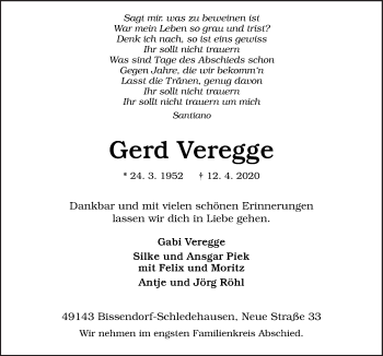 Traueranzeige von Gerd Veregge von Neue Osnabrücker Zeitung GmbH & Co. KG