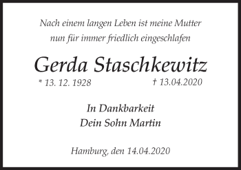 Traueranzeige von Gerda Staschkewitz von Neue Osnabrücker Zeitung GmbH & Co. KG