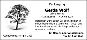 Traueranzeige von Gerda Wolf von Neue Osnabrücker Zeitung GmbH & Co. KG