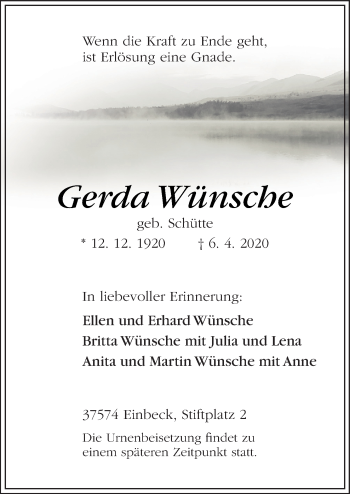 Traueranzeige von Gerda Wünsche von Neue Osnabrücker Zeitung GmbH & Co. KG