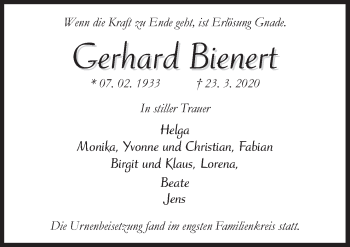 Traueranzeige von Gerhard Bienert von Neue Osnabrücker Zeitung GmbH & Co. KG