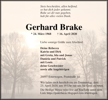 Traueranzeige von Gerhard Brake von Neue Osnabrücker Zeitung GmbH & Co. KG