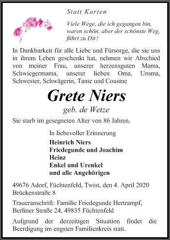 Traueranzeige von Grete Niers von Neue Osnabrücker Zeitung GmbH & Co. KG