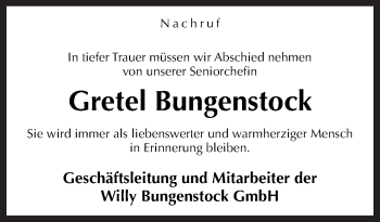 Traueranzeige von Gretel Bungenstock von Neue Osnabrücker Zeitung GmbH & Co. KG