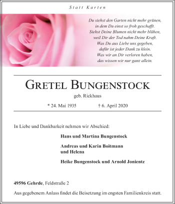 Traueranzeige von Gretel Bungenstock von Neue Osnabrücker Zeitung GmbH & Co. KG