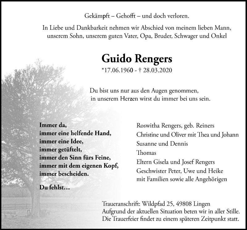  Traueranzeige für Guido Rengers vom 04.04.2020 aus Neue Osnabrücker Zeitung GmbH & Co. KG