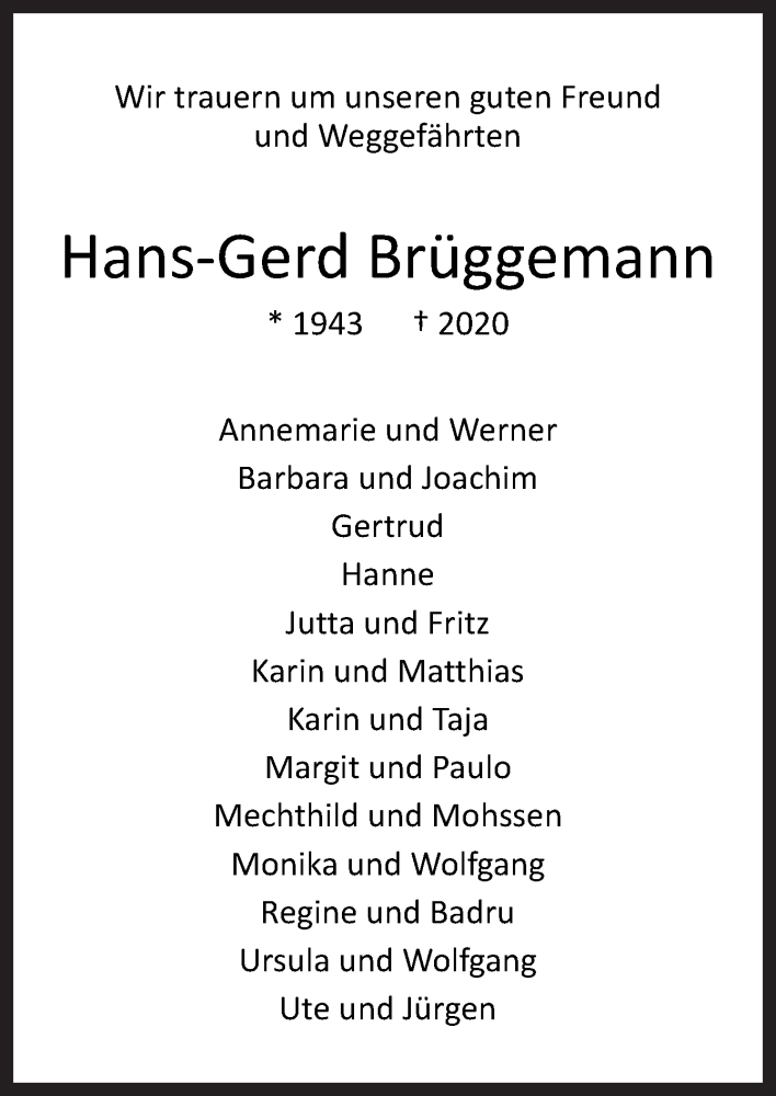  Traueranzeige für Hans-Gerd Brüggemann vom 04.04.2020 aus Neue Osnabrücker Zeitung GmbH & Co. KG