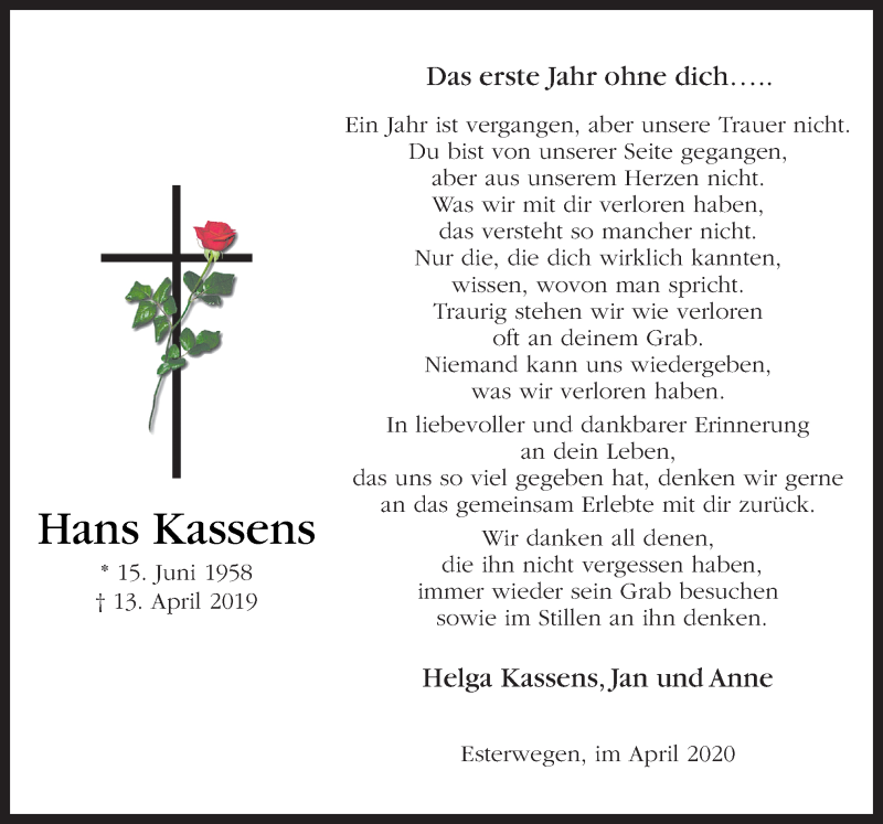  Traueranzeige für Hans Kassens vom 11.04.2020 aus Neue Osnabrücker Zeitung GmbH & Co. KG