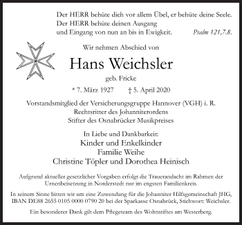 Traueranzeige von Hans Weichsler von Neue Osnabrücker Zeitung GmbH & Co. KG