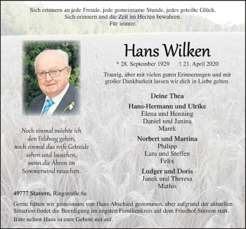 Traueranzeige von Hans Wilken von Neue Osnabrücker Zeitung GmbH & Co. KG