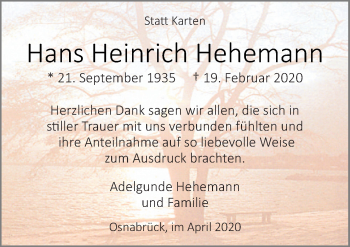 Traueranzeige von Hans Heinrich Hehemann von Neue Osnabrücker Zeitung GmbH & Co. KG