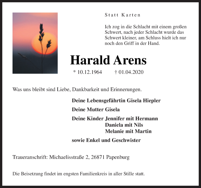  Traueranzeige für Harald Arens vom 04.04.2020 aus Neue Osnabrücker Zeitung GmbH & Co. KG