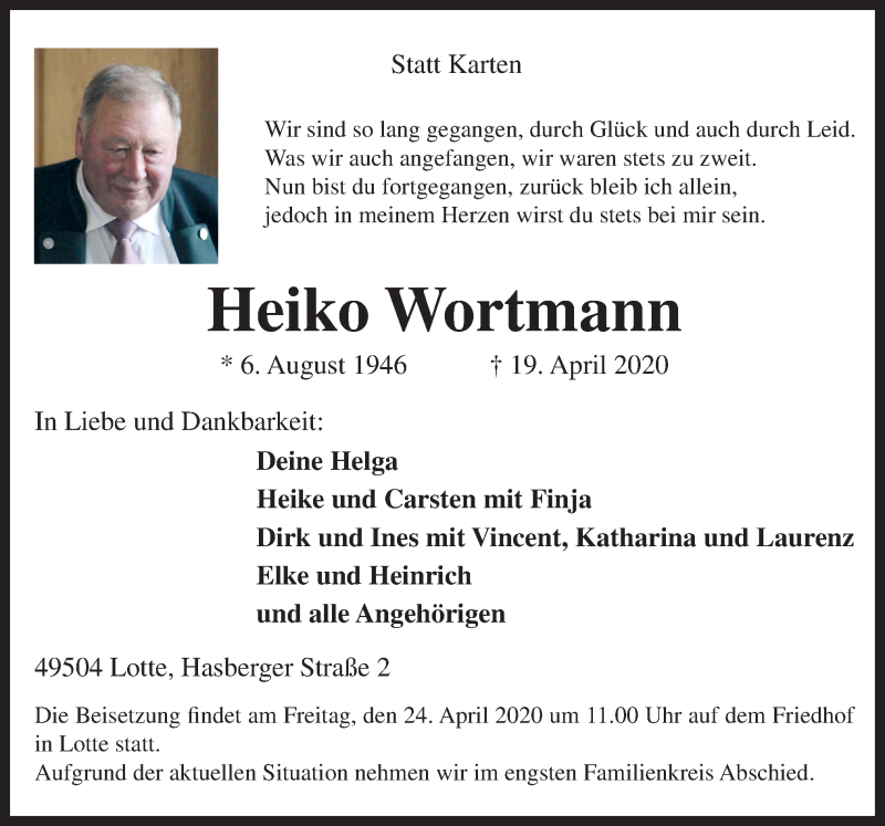  Traueranzeige für Heiko Wortmann vom 22.04.2020 aus Neue Osnabrücker Zeitung GmbH & Co. KG