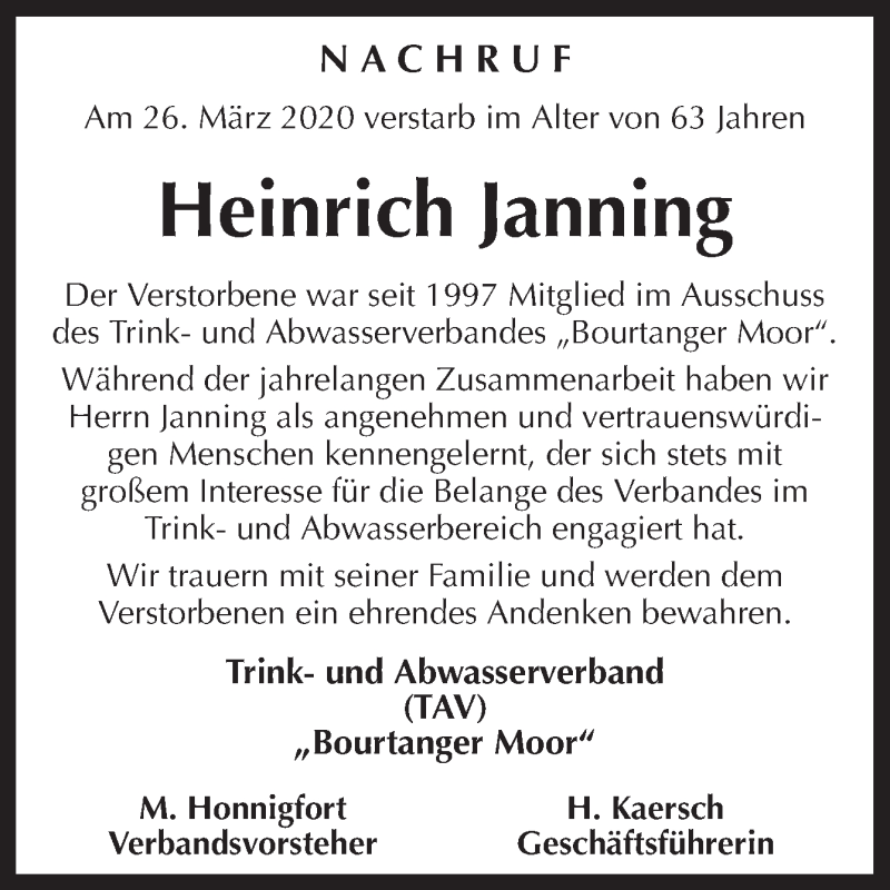  Traueranzeige für Heinrich Janning vom 02.04.2020 aus Neue Osnabrücker Zeitung GmbH & Co. KG