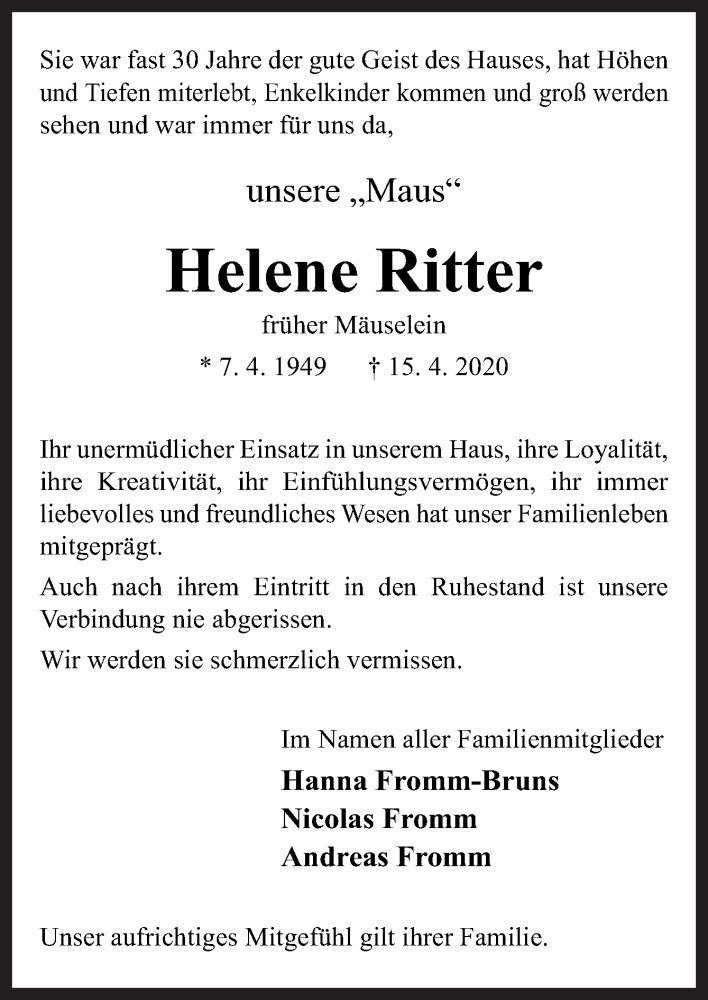  Traueranzeige für Helene Ritter vom 18.04.2020 aus Neue Osnabrücker Zeitung GmbH & Co. KG