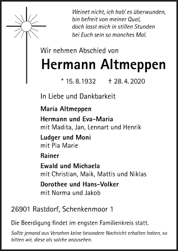 Traueranzeige von Hermann Altmeppen von Neue Osnabrücker Zeitung GmbH & Co. KG