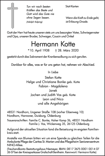 Traueranzeige von Hermann Kotte von Neue Osnabrücker Zeitung GmbH & Co. KG