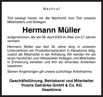 Traueranzeige von Hermann Müller von Neue Osnabrücker Zeitung GmbH & Co. KG