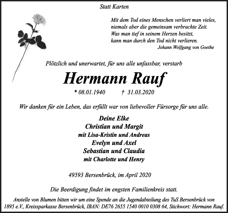  Traueranzeige für Hermann Rauf vom 04.04.2020 aus Neue Osnabrücker Zeitung GmbH & Co. KG