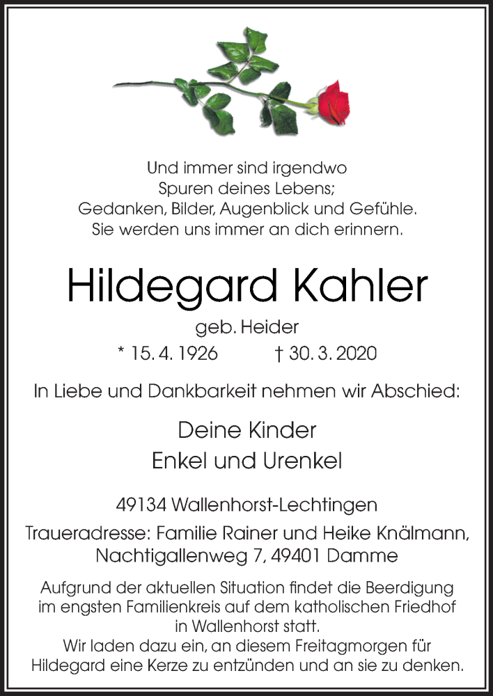  Traueranzeige für Hildegard Kahler vom 03.04.2020 aus Neue Osnabrücker Zeitung GmbH & Co. KG