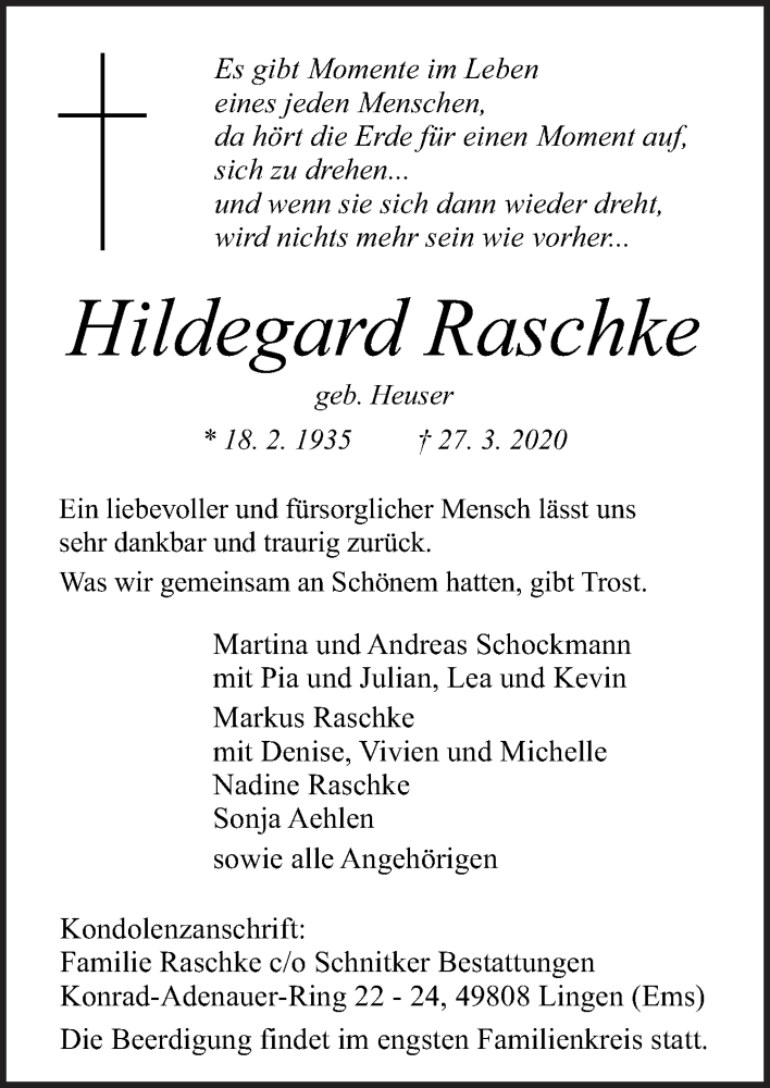  Traueranzeige für Hildegard Raschke vom 01.04.2020 aus Neue Osnabrücker Zeitung GmbH & Co. KG