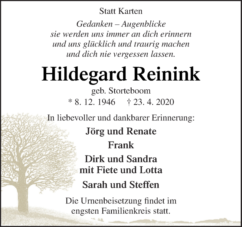  Traueranzeige für Hildegard Reinink vom 25.04.2020 aus Neue Osnabrücker Zeitung GmbH & Co. KG