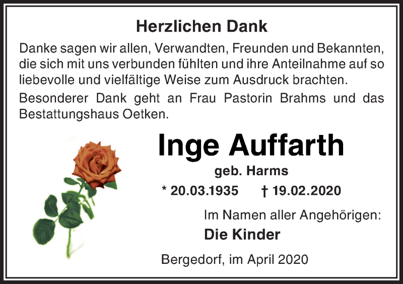  Traueranzeige für Inge Auffarth vom 04.04.2020 aus Neue Osnabrücker Zeitung GmbH & Co. KG