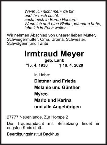 Traueranzeige von Irmtraud Meyer von Neue Osnabrücker Zeitung GmbH & Co. KG